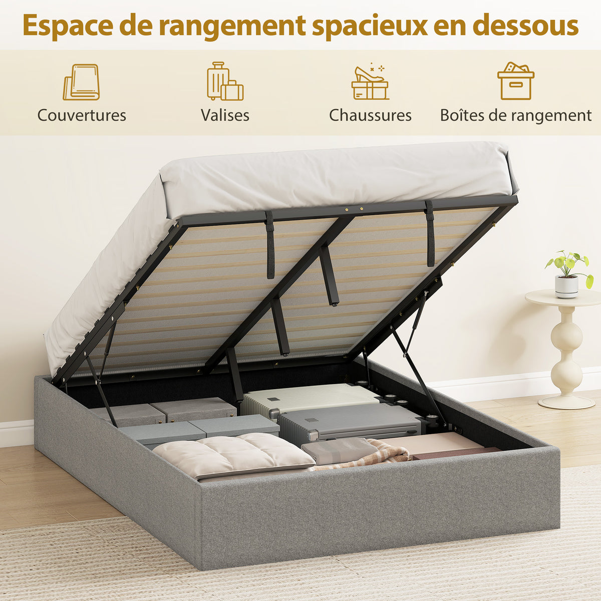 Lit coffre 140 x 190 cm, cadre de lit double rembourré, sommier à lattes en bois, rangement caché, sans bruit, gris-3