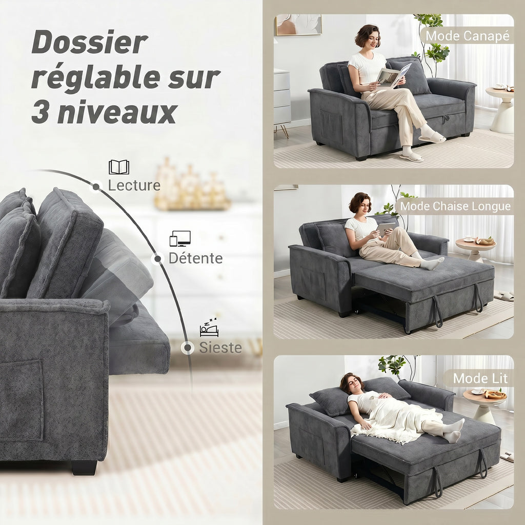 Canapé convertible 2 places, canapé-lit clic-clac en chenille, dossier réglable, 2 coussins, poche latérale, gris-4