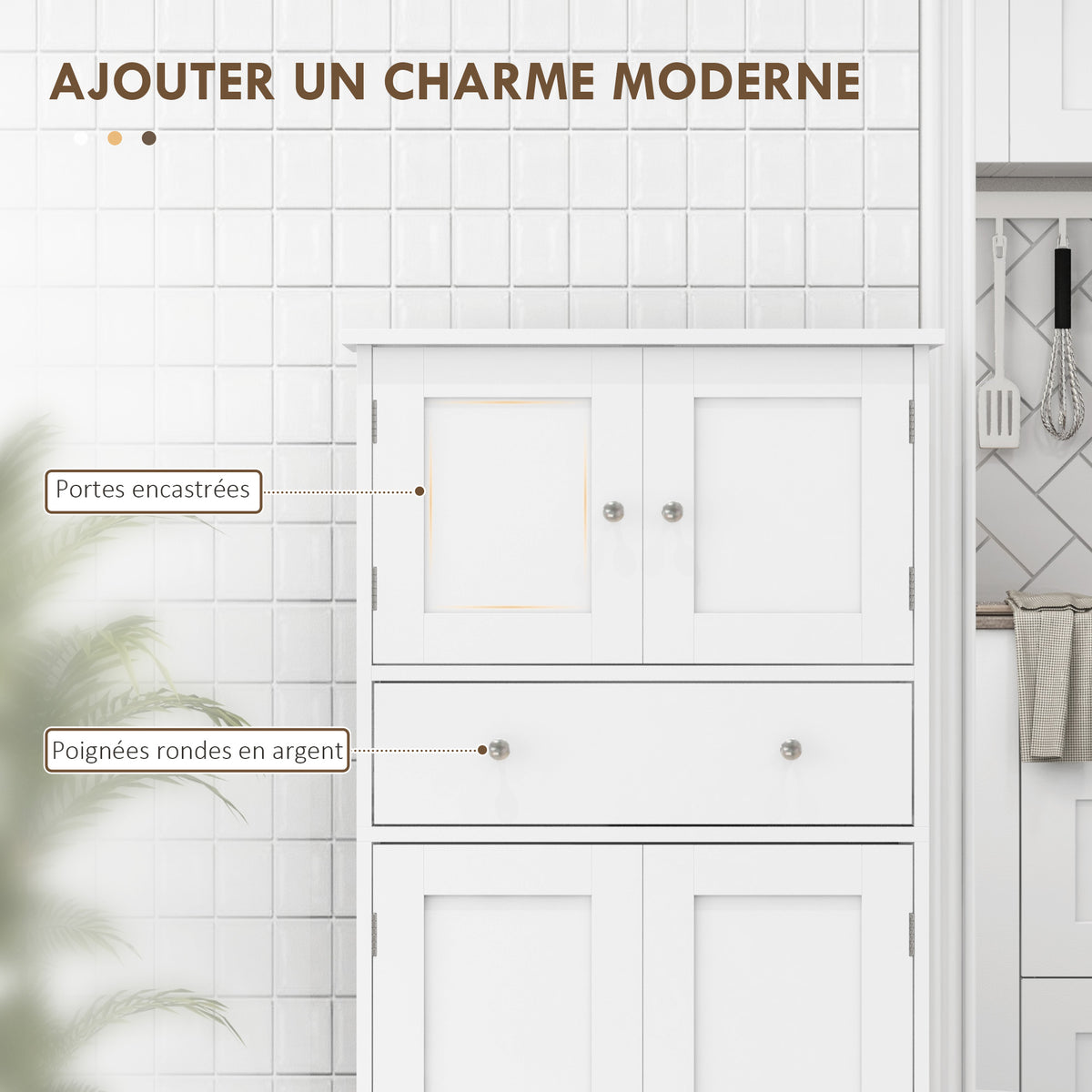Armoire de cuisine buffet cuisine avec placards, étagères réglables, tiroir, 60 x 30 x 128 cm, blanc-3