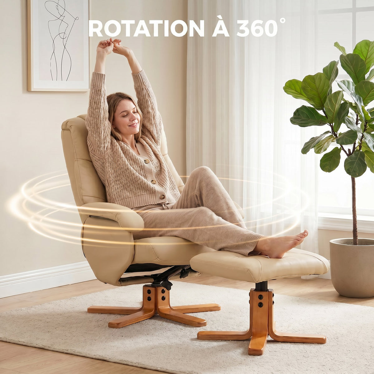 Fauteuil relax avec repose-pied fauteuil de relaxation pivotant 360° dossier inclinable charge 120 Kg beige-5