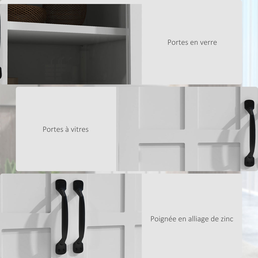 Buffet de cuisine armoire multi-rangements 2 placards, portes en verre, 4 étagères en bois blanc-5