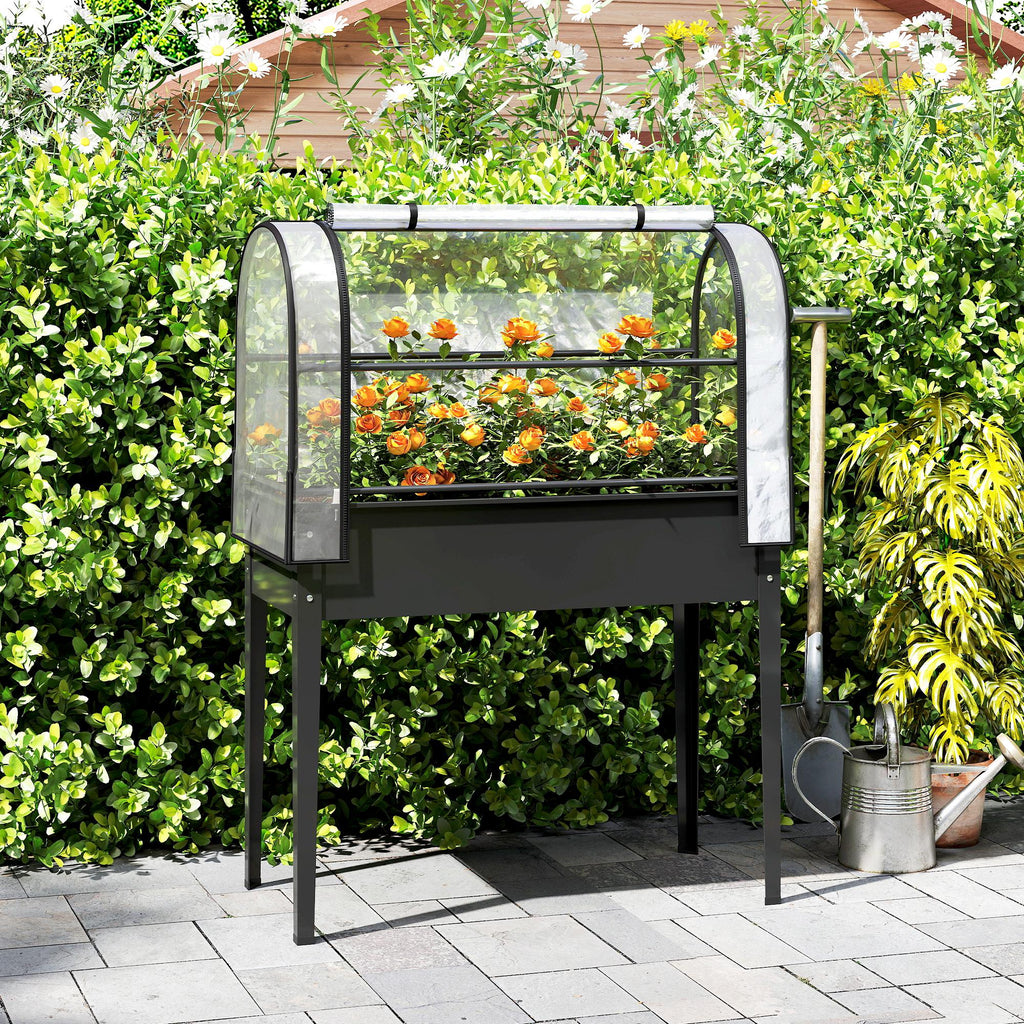 Potager sur Pieds avec Serre Rabattable, Jardinière Surélevée en Métal avec Trou de Drainage, 100 x 49 x 136 noir-9