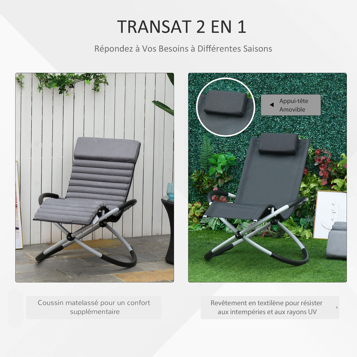 Chaise Longue à Bascule Pliable Rocking Chair avec Matelas revêtement Aspect Daim métal textilène Gris Noir-3