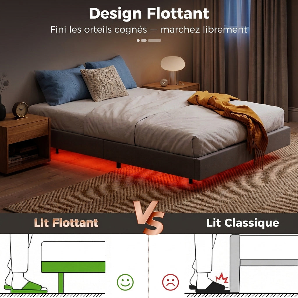 Lit Flottant 160 x 200 cm avec Éclairage LED Intelligent, Cadre de Lit Double Rembourré en Lin, Montage Facile, Beige-3