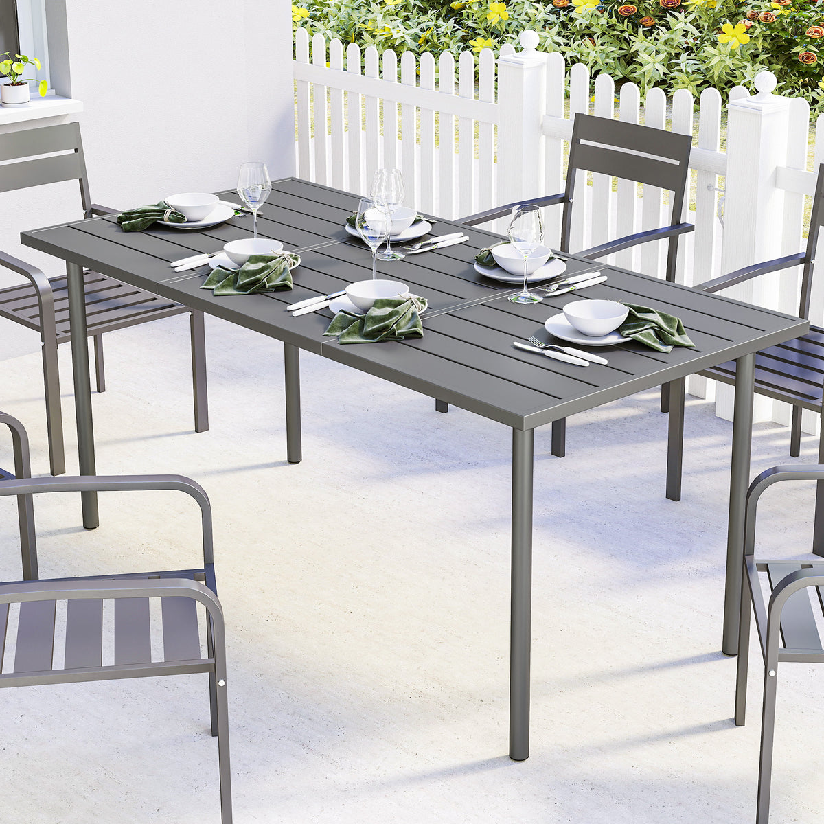 Table de jardin pour 6 personnes, 165 x 80 cm, table à manger extérieure rectangulaire avec plateau à lattes en métal-1
