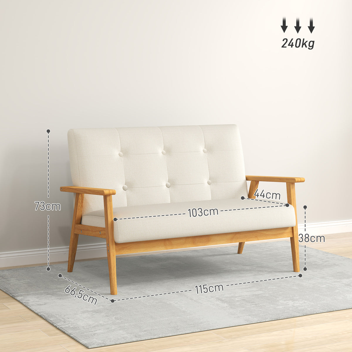 Canapé 2 places 115 cm canapé scandinave avec dossier capitonné, assise rembourrée et accoudoirs, beige-2