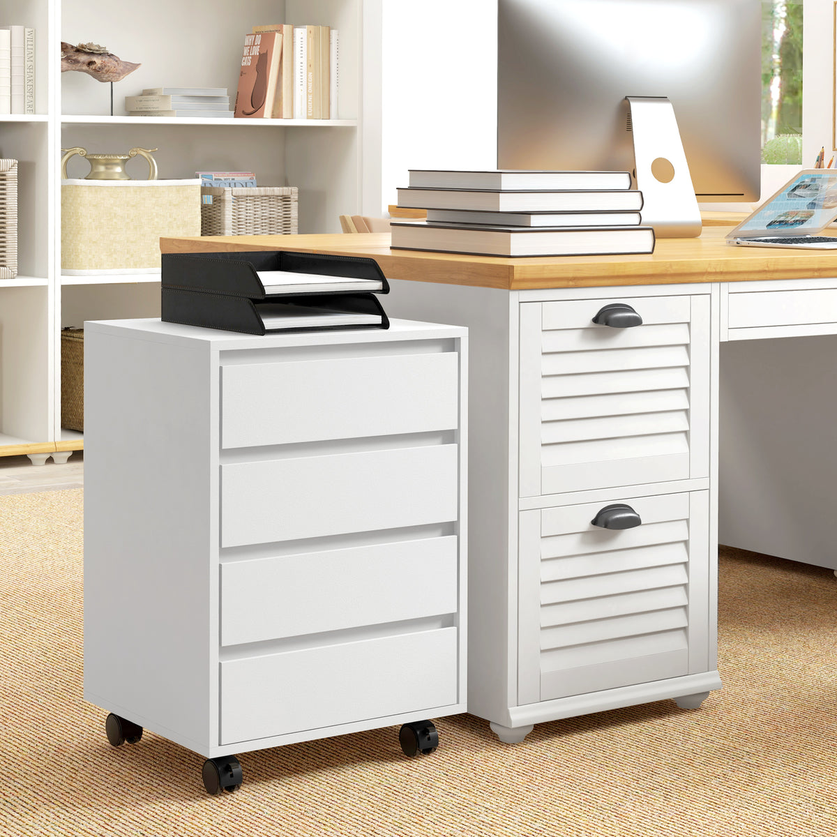 Caisson de bureau rangement bureau sur roulettes 4 tiroirs coulissants en bois aspect bois blanc-1