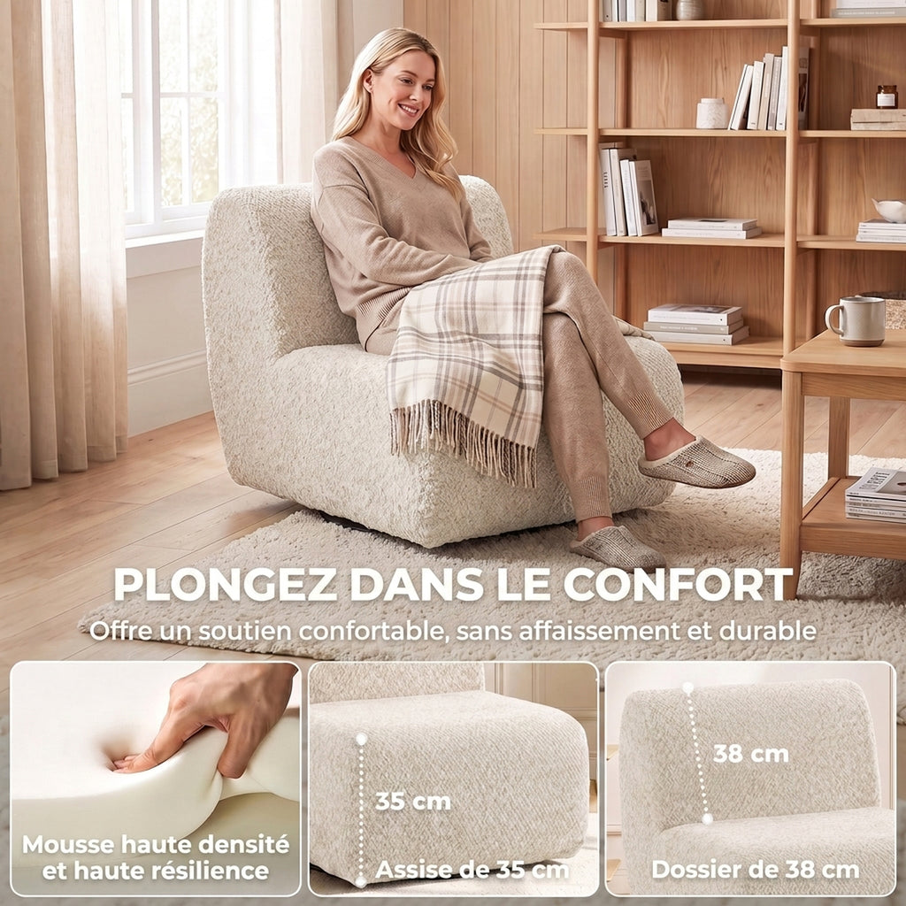 Fauteuil de salon pivotant 360°, canapé 1 place rembourré en chenille avec assise extra-large, rembourrage épais, beige-3