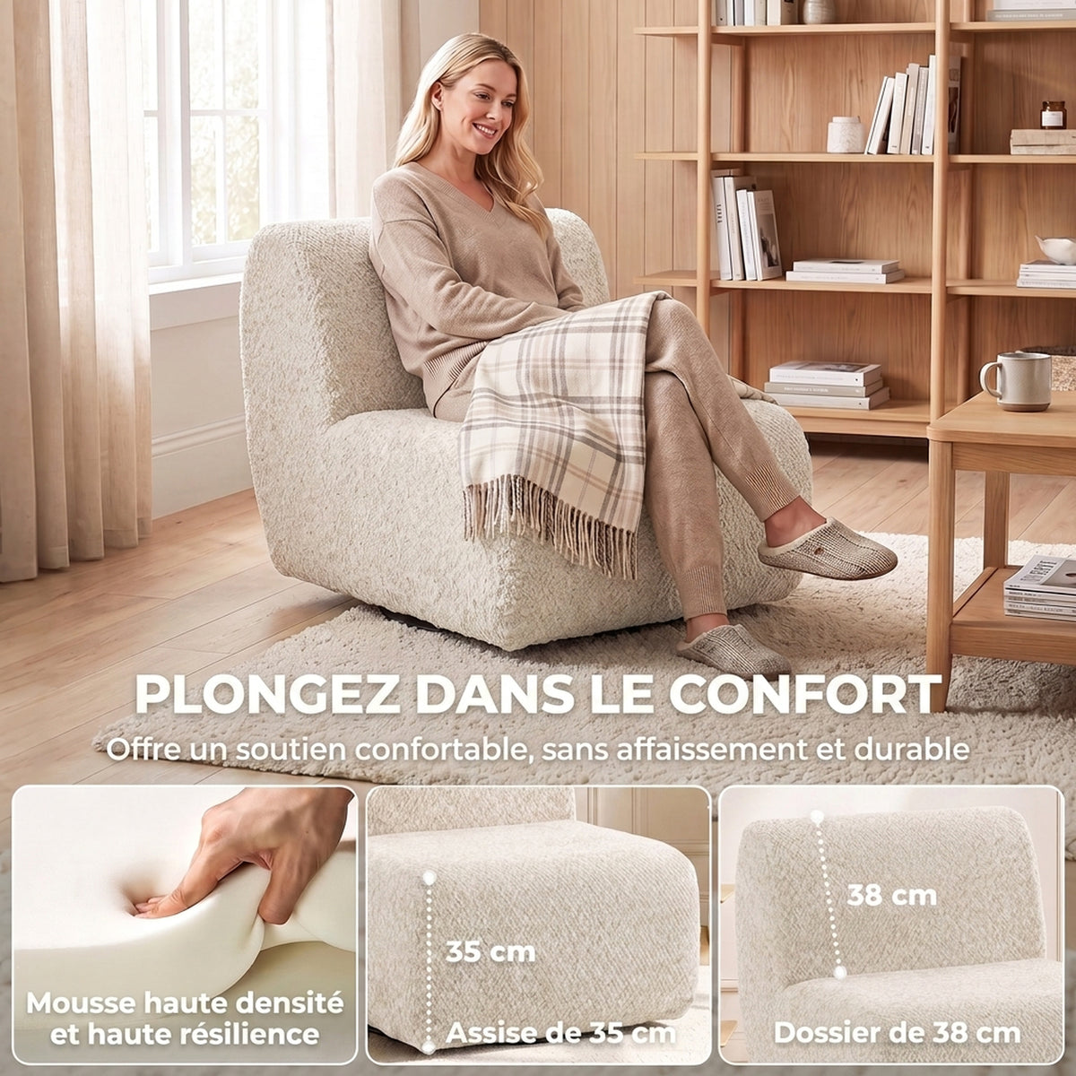 Fauteuil de salon pivotant 360°, canapé 1 place rembourré en chenille avec assise extra-large, rembourrage épais, beige-3