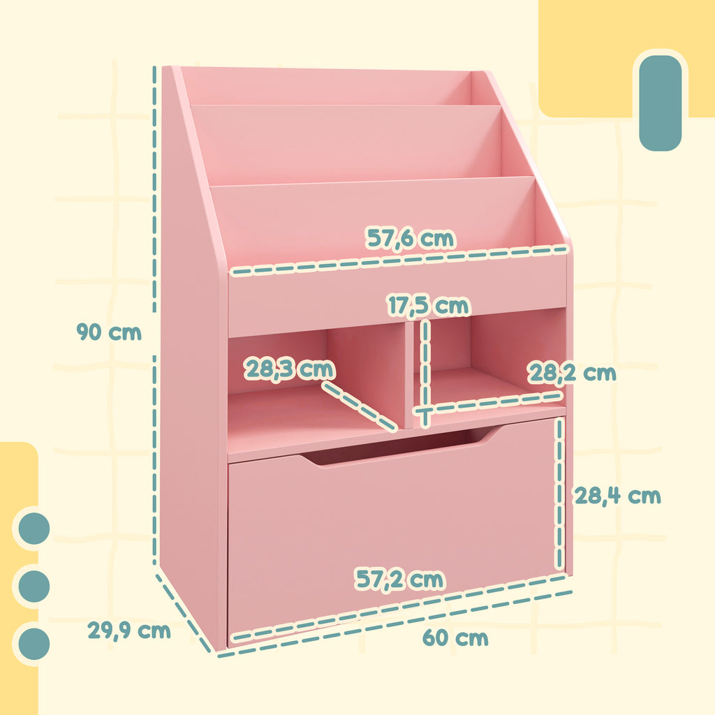 Bibliothèque étagère Multi-Rangement 3 étagères 2 niches Grand tiroir en bois Rose-2