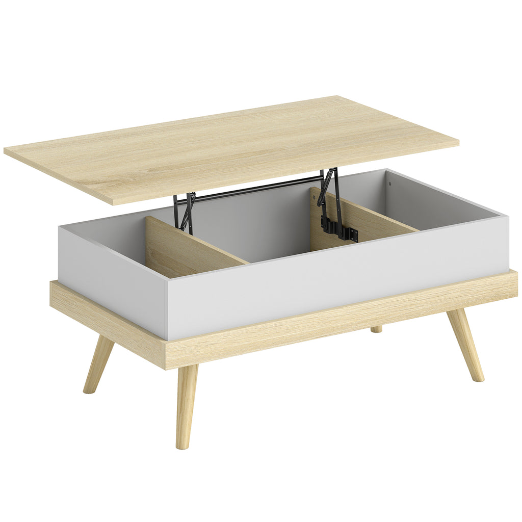 Table Basse Relevable avec 3 Compartiments Cachés, Table de Salon Moderne, Pieds en Bois, 100x79x54cm, Naturel Blanc-0