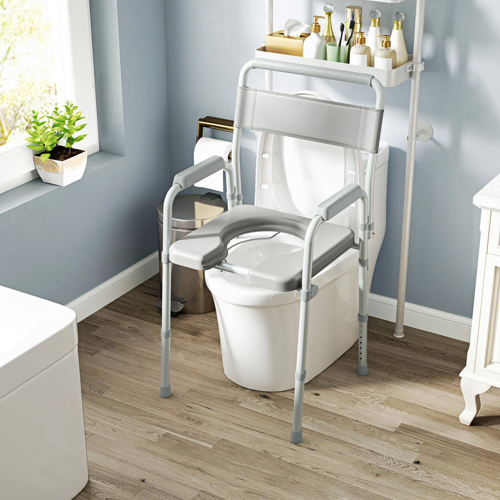 Chaise percée toilette pliable antidérapante hauteur réglable, siège et accoudoirs rembourrés, charge 150 kg, Gris-7
