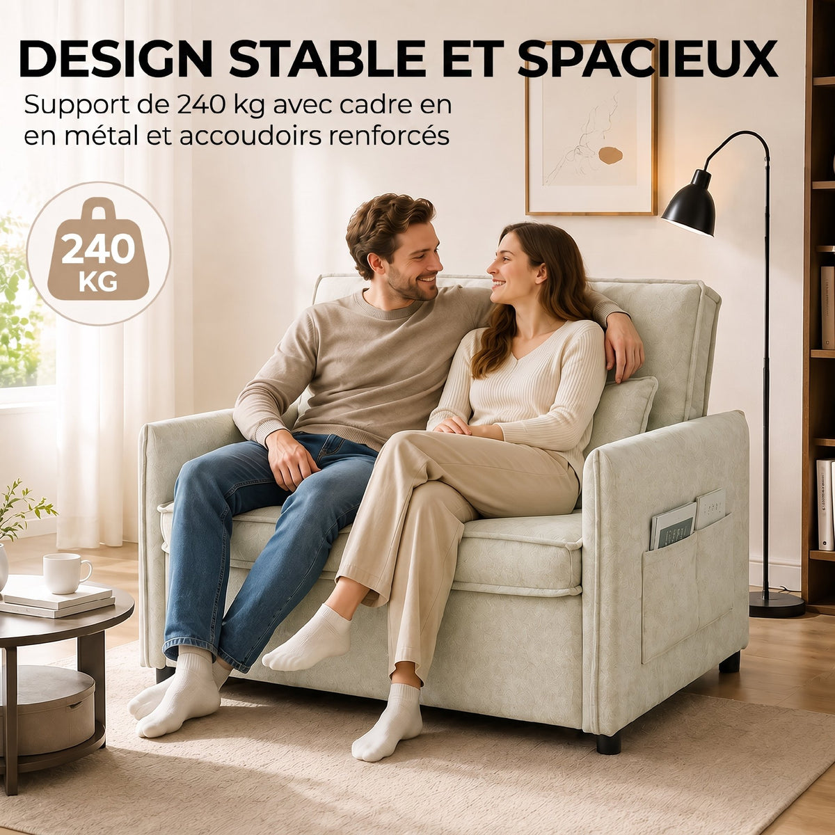Canapé Convertible 2 Places, Canapé-Lit 3 en 1 Chenille 125 cm avec Dossier Réglable, Assise Large, 2 Oreillers, Crème-5