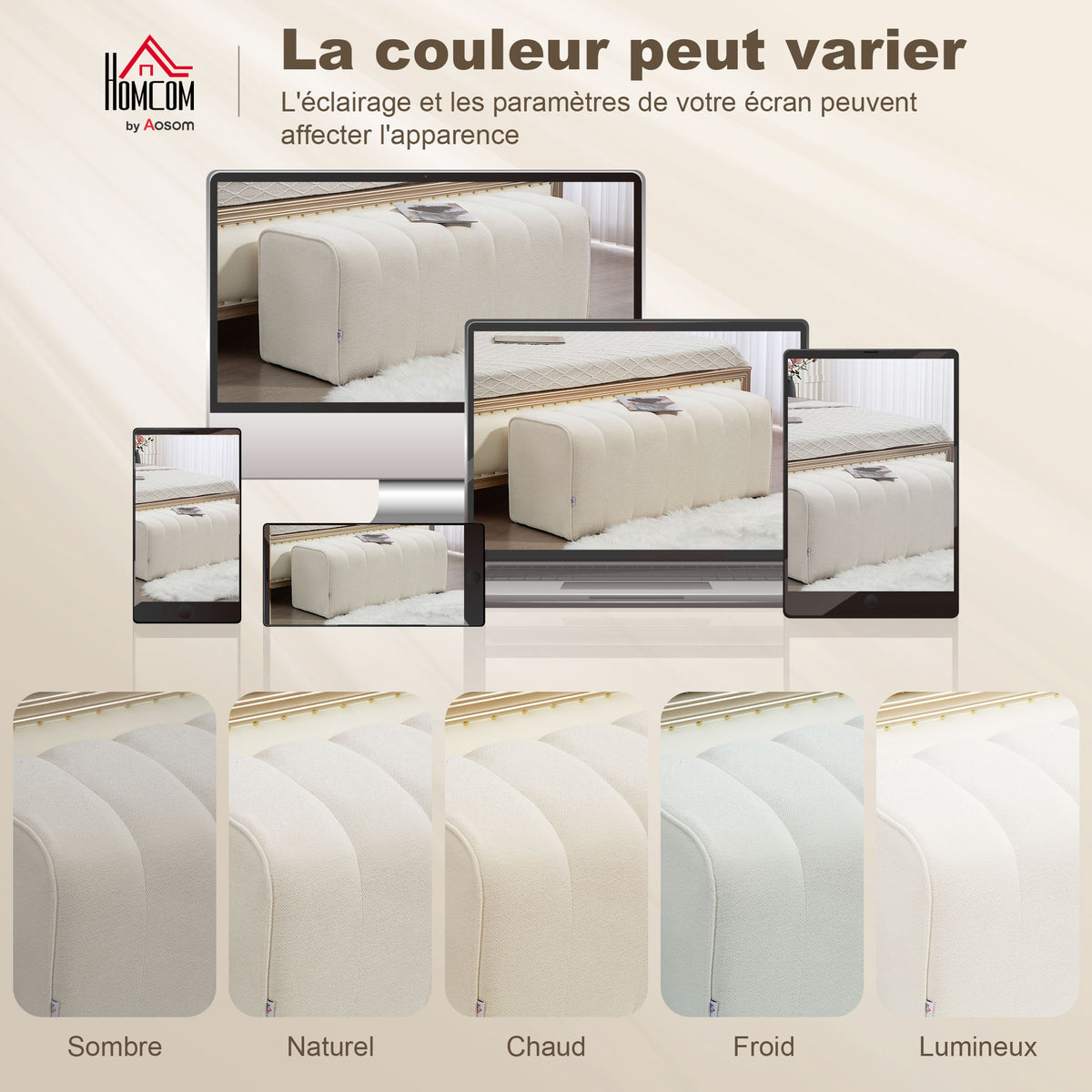 Banc bout de lit, banquette rembourrée, style moderne, ottoman en tissu aspect lin, 110 x 40 x 44 cm, crème-6