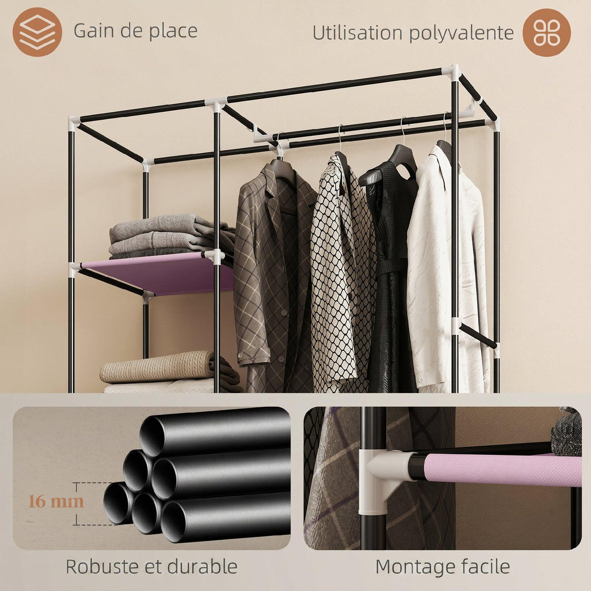 Armoire penderie en tissu meuble de rangement 6 roulettes tringle à vêtements et étagères ouvertes 103x43x162,5cm rose-5