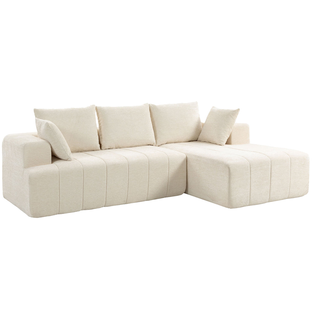 Canapé d'angle 256 cm avec méridienne, canapé-lit 3 places en chenille forme de L, assise et accoudoirs larges, beige-0