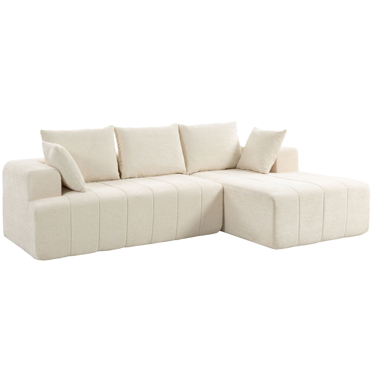 Canapé d'angle 256 cm avec méridienne, canapé-lit 3 places en chenille forme de L, assise et accoudoirs larges, beige-0