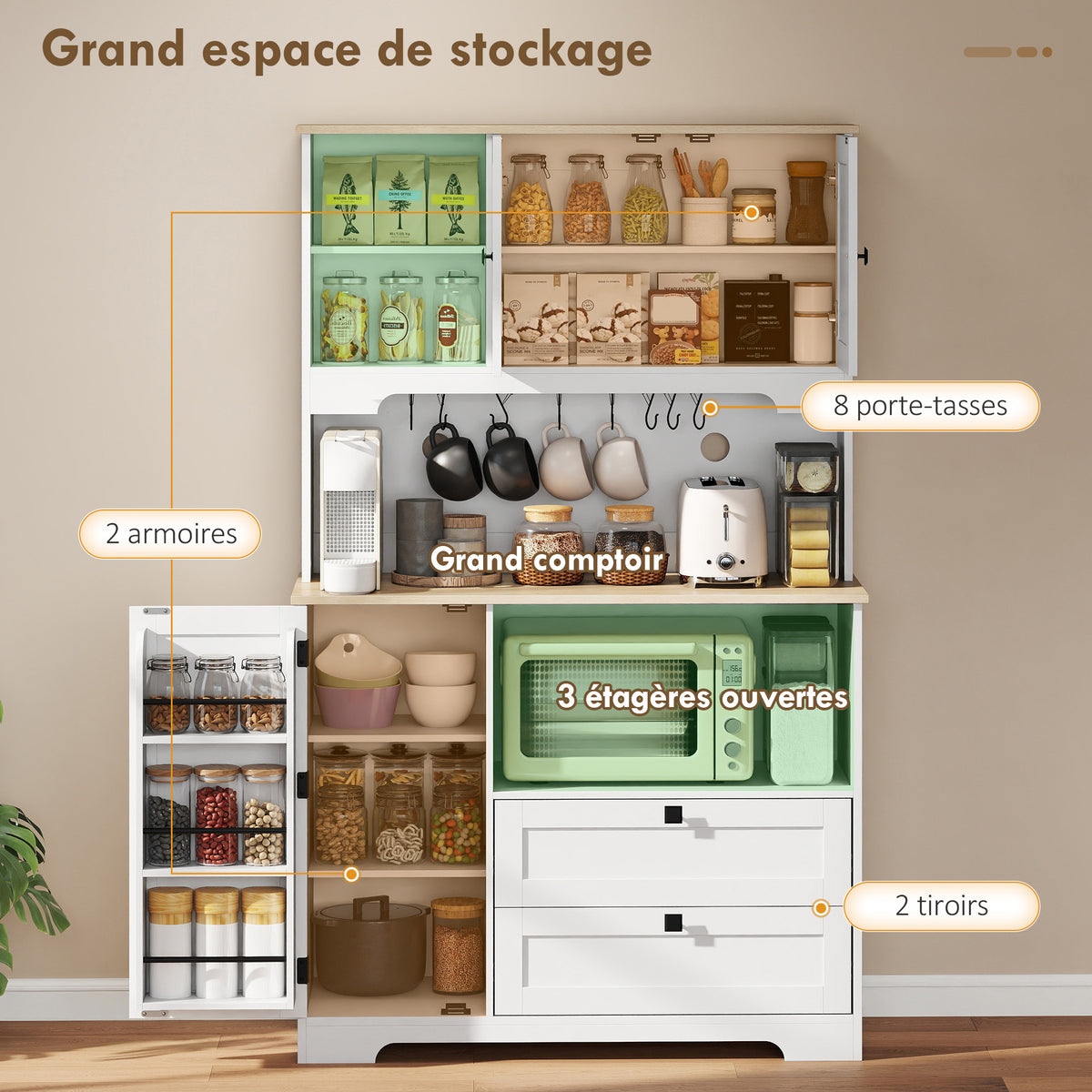 Buffet Haut Cuisine, Armoire Cuisine avec 3 Portes, 2 Tiroirs, Plan de Travail, Compartiments Ouverts, Blanc-3