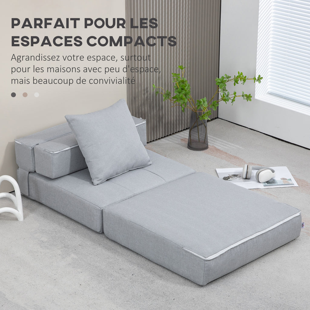 Chauffeuse canapé-lit convertible fauteuil 1 place avec 1 coussin déhoussable, tissu gris clair-5