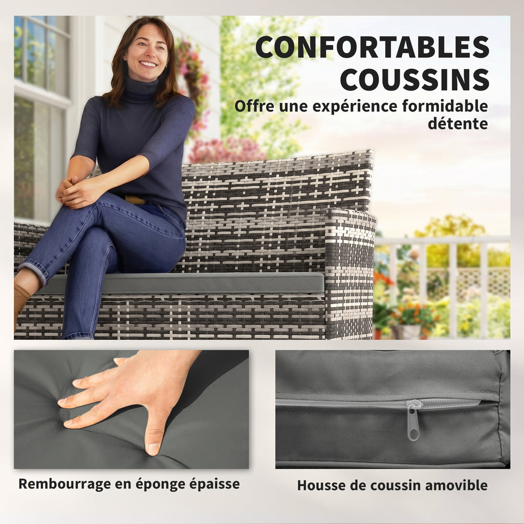 Canapé de jardin 2 places en résine tressée avec coussins canapé d'extérieur avec accoudoirs 115 x 63 x 85 cm gris clair-5