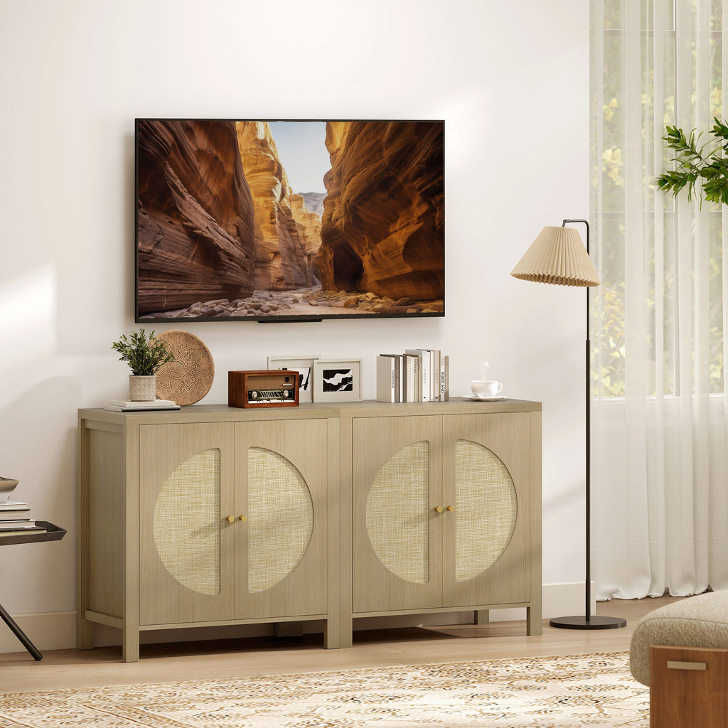 Buffet cuisine, meuble de rangement avec 2 portes effet rotin et étagère réglable, 75 x 38 x 77 cm, bois naturel-6