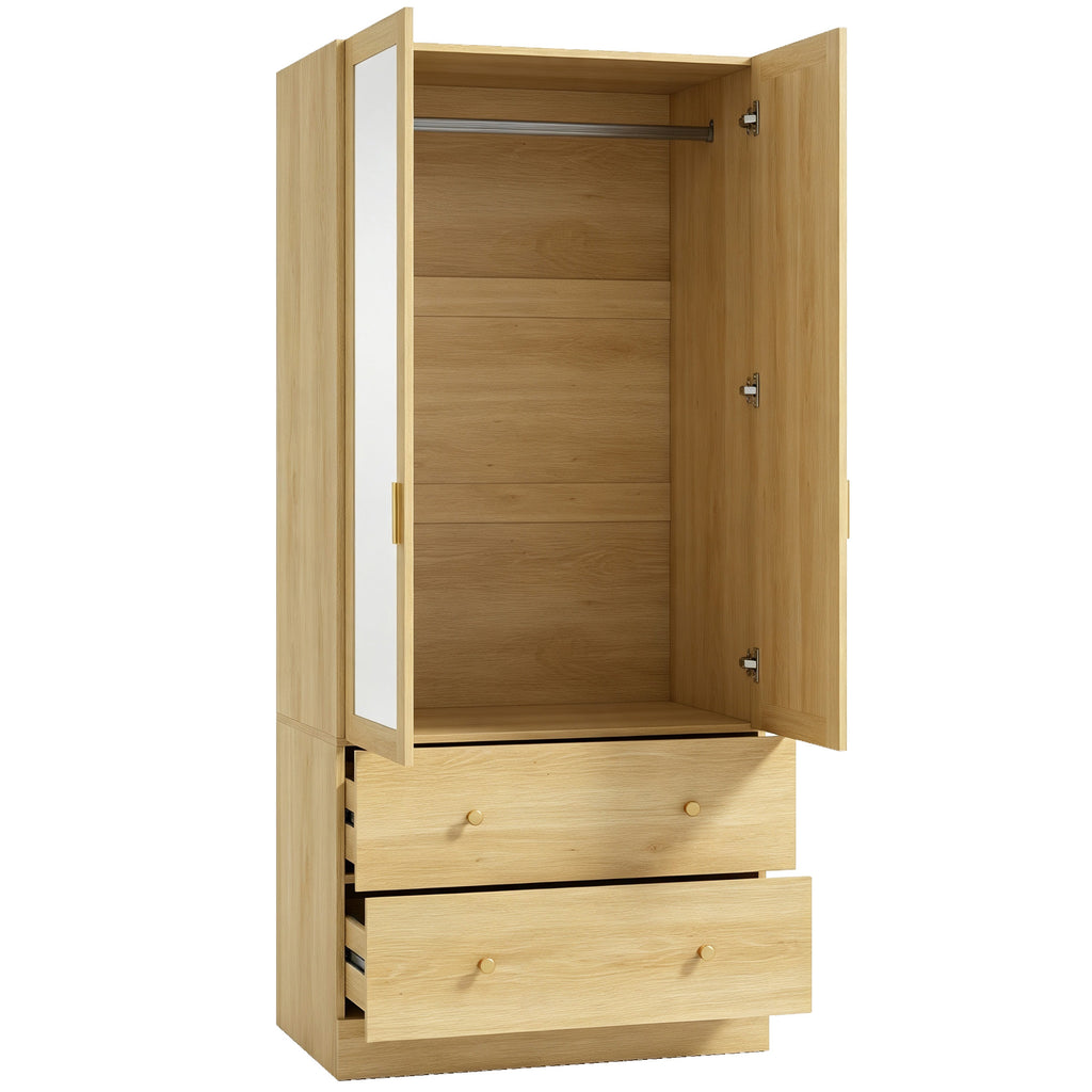Armoire chambre penderie avec miroir, 2 portes, 2 tiroirs et barre de suspension, 80 x 50 x 180 cm, chêne-0
