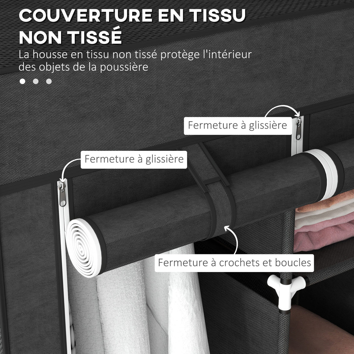 Armoire penderie multi-rangement - 8 étagères, 2 barres - non tissé noir-4