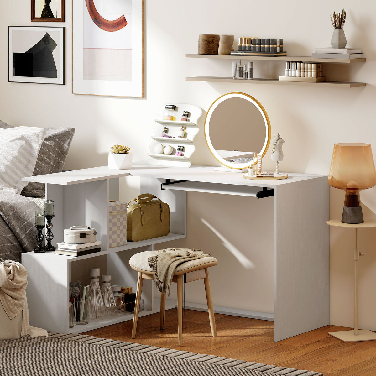 Bureau d'angle bureau en L avec étagères de rangement, plateau à clavier coulissant, 120x100x76cm, blanc-7