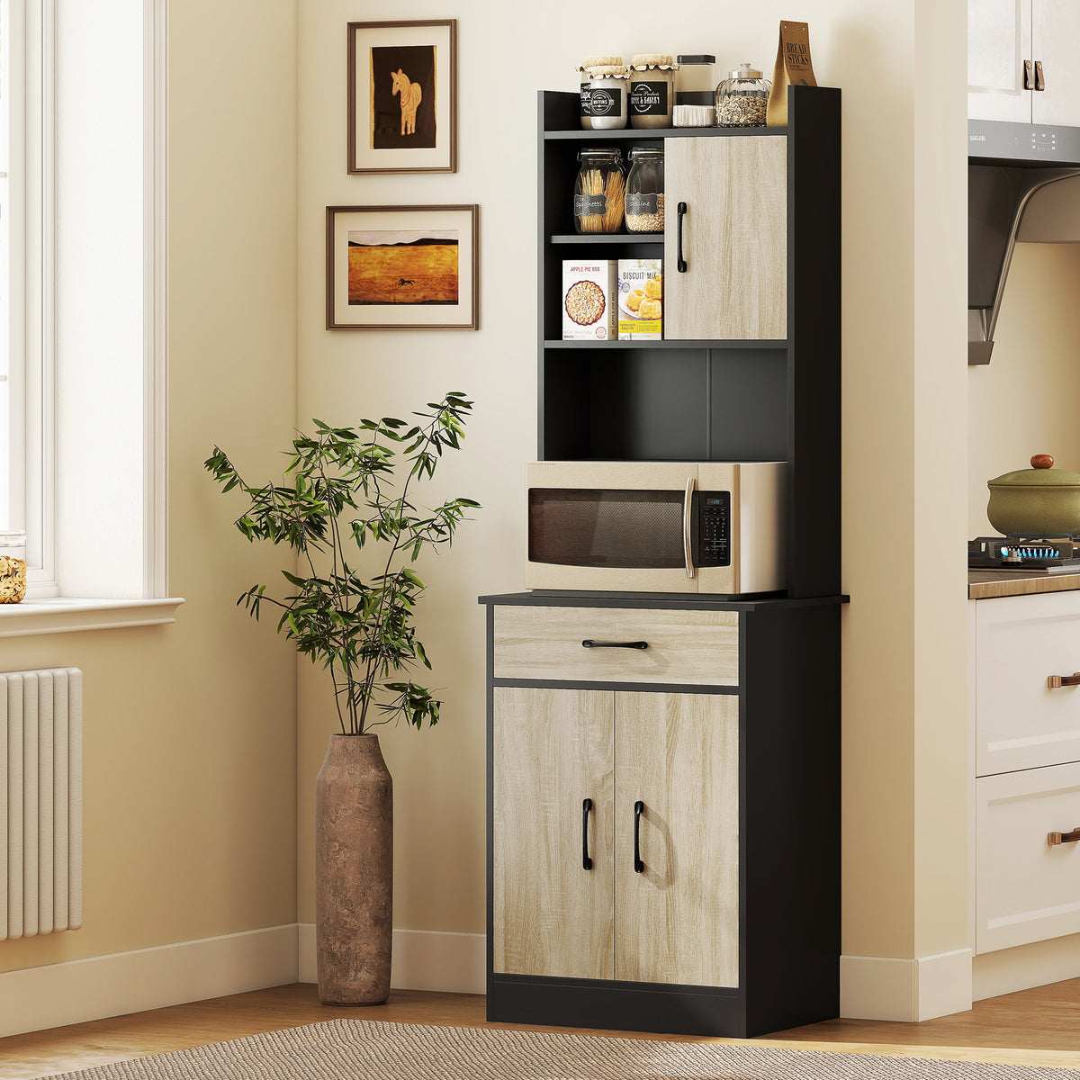 Buffet haut cuisine, armoire de cuisine, tiroir, 3 portes, étagères ouvertes, plan de travail, 60x40x180cm, bois naturel-9