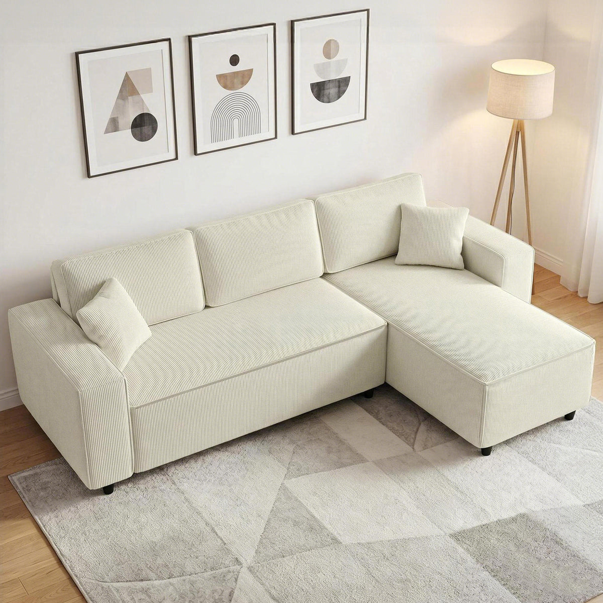 Canapé d'angle réversible 3 places moderne avec coussins inclus, tissu velours côtelé, crème-1