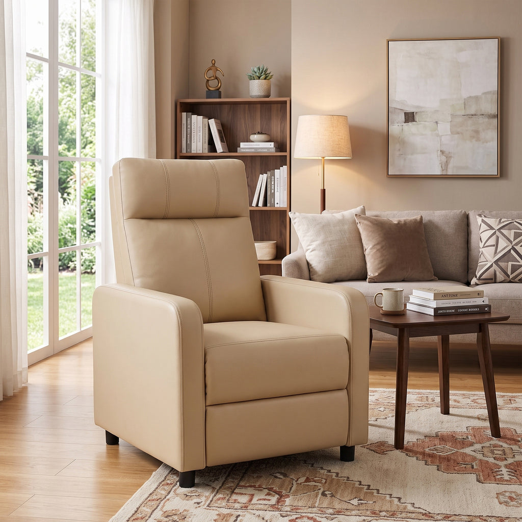 Fauteuil Relax Inclinable, Fauteuil de Relaxation en PU avec Repose-Pieds, Dossier Réglable par Poussée, Beige-8