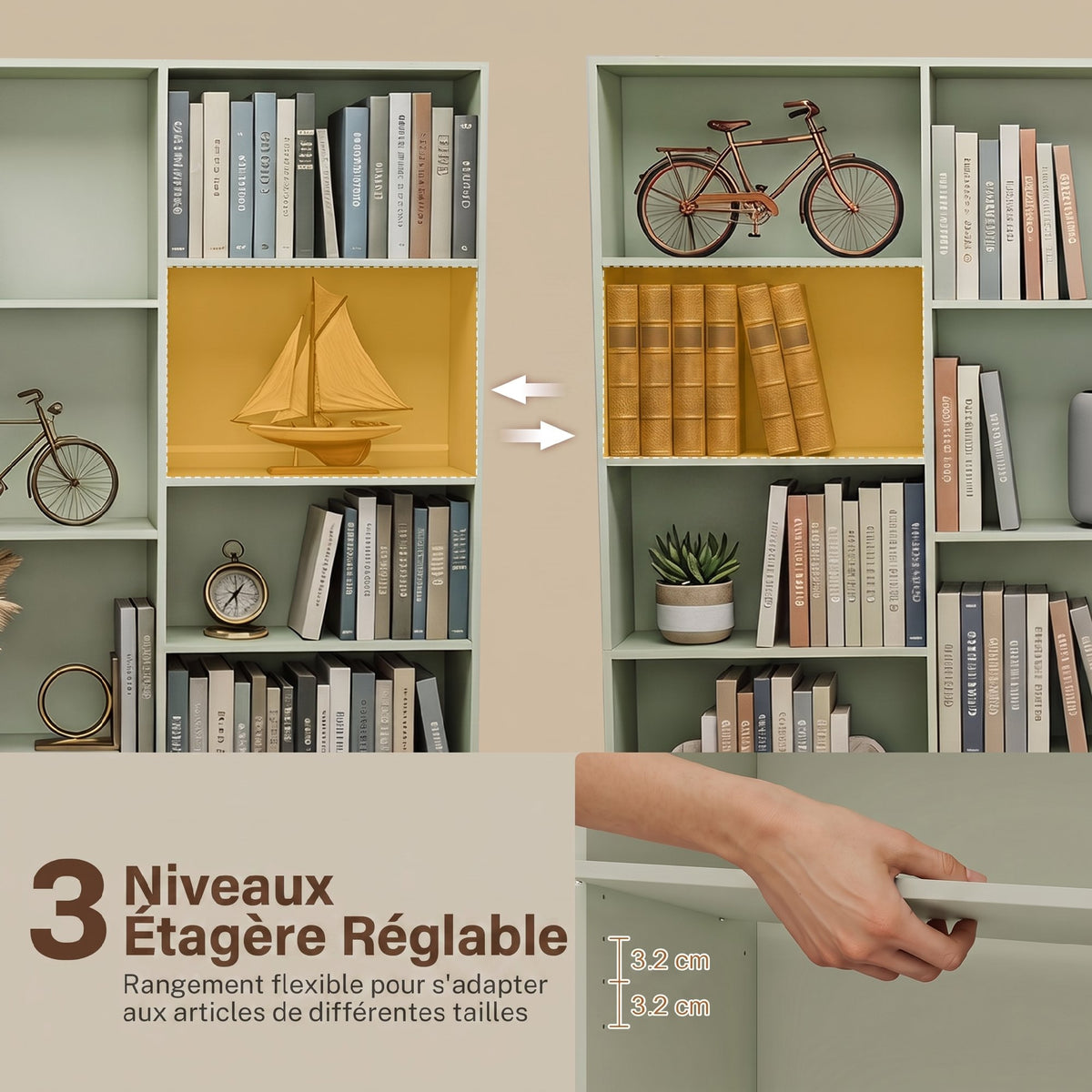 Bibliothèque 6 Niveaux, Étagère de Rangement avec 17 Compartiments et Étagères Réglables, 149 x 23,6 x 188 cm, Vert-4