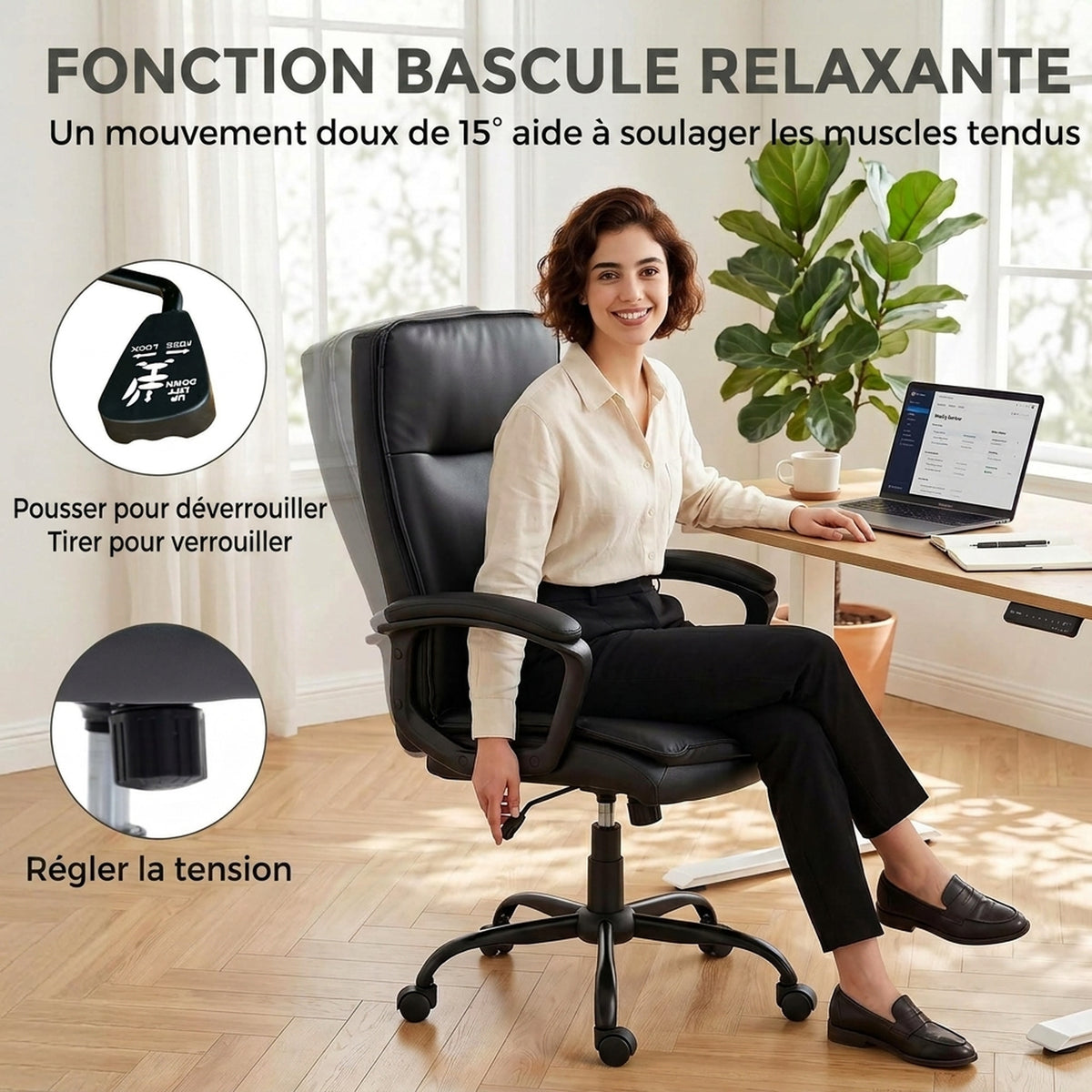 Chaise bureau ergonomique, fauteuil de bureau en PU, hauteur réglable, fonction bascule, pivotante 360°, noir-5