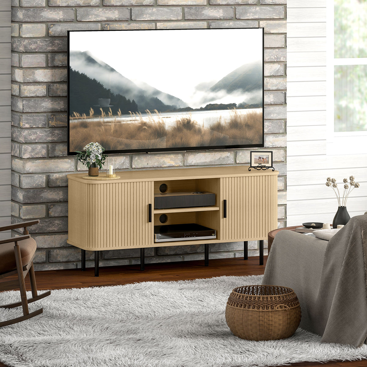 Meuble TV avec 2 portes tambour à lamelles design scandinave pour télévision jusqu'à 55 pouces 120 cm ton chêne-7