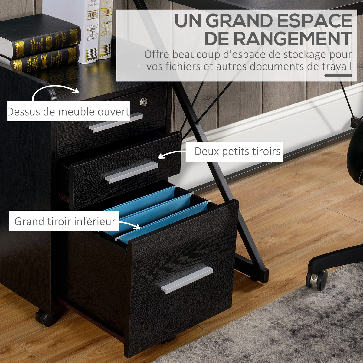 Caisson de bureau rangement bureau sur roulettes 3 tiroirs 1 verrouillable 1 trieur dossiers en bois noir-3