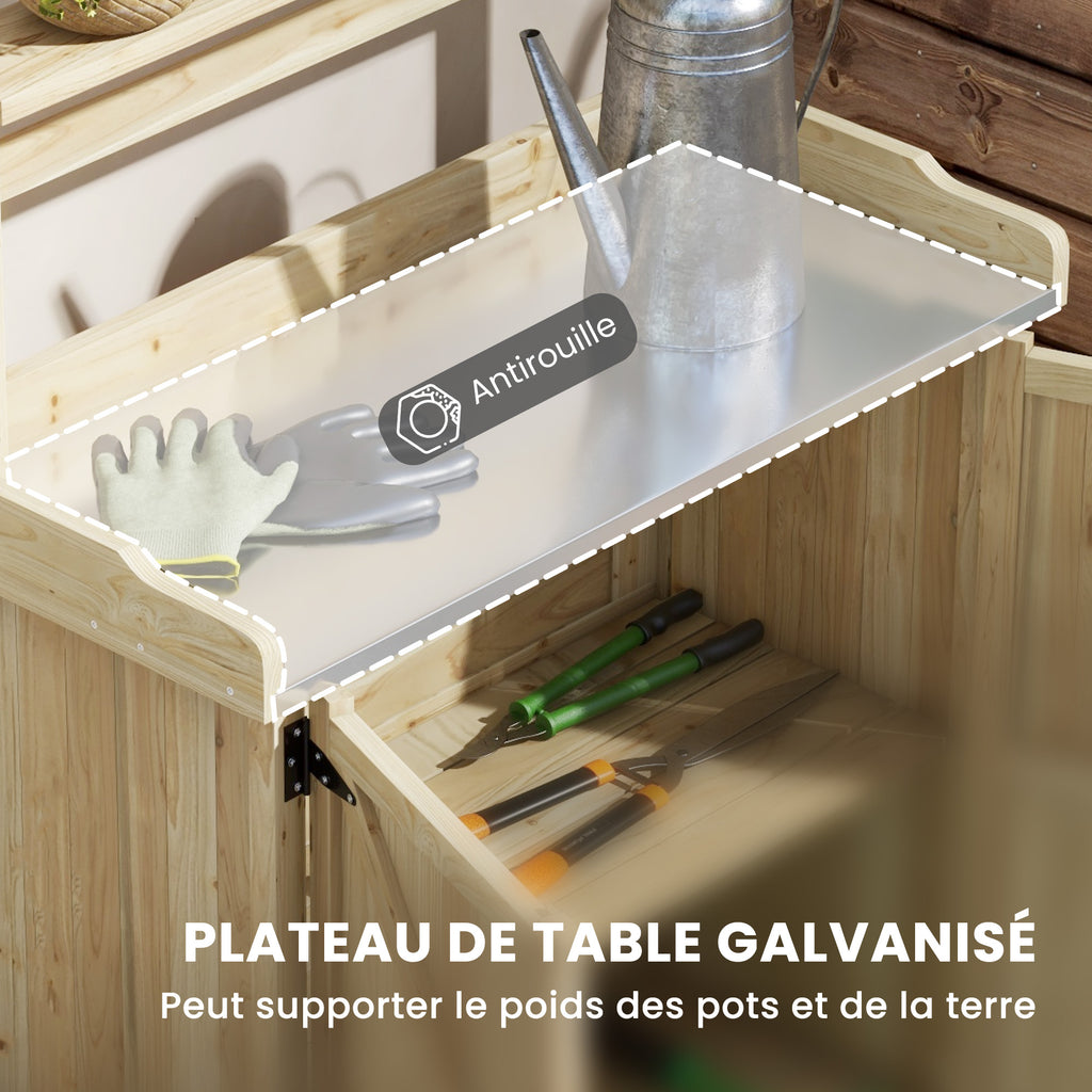 Table de rempotage table de jardinage placard et étagères et plateau patins antidérapants 90,5x41x124,5cm bois naturel-3
