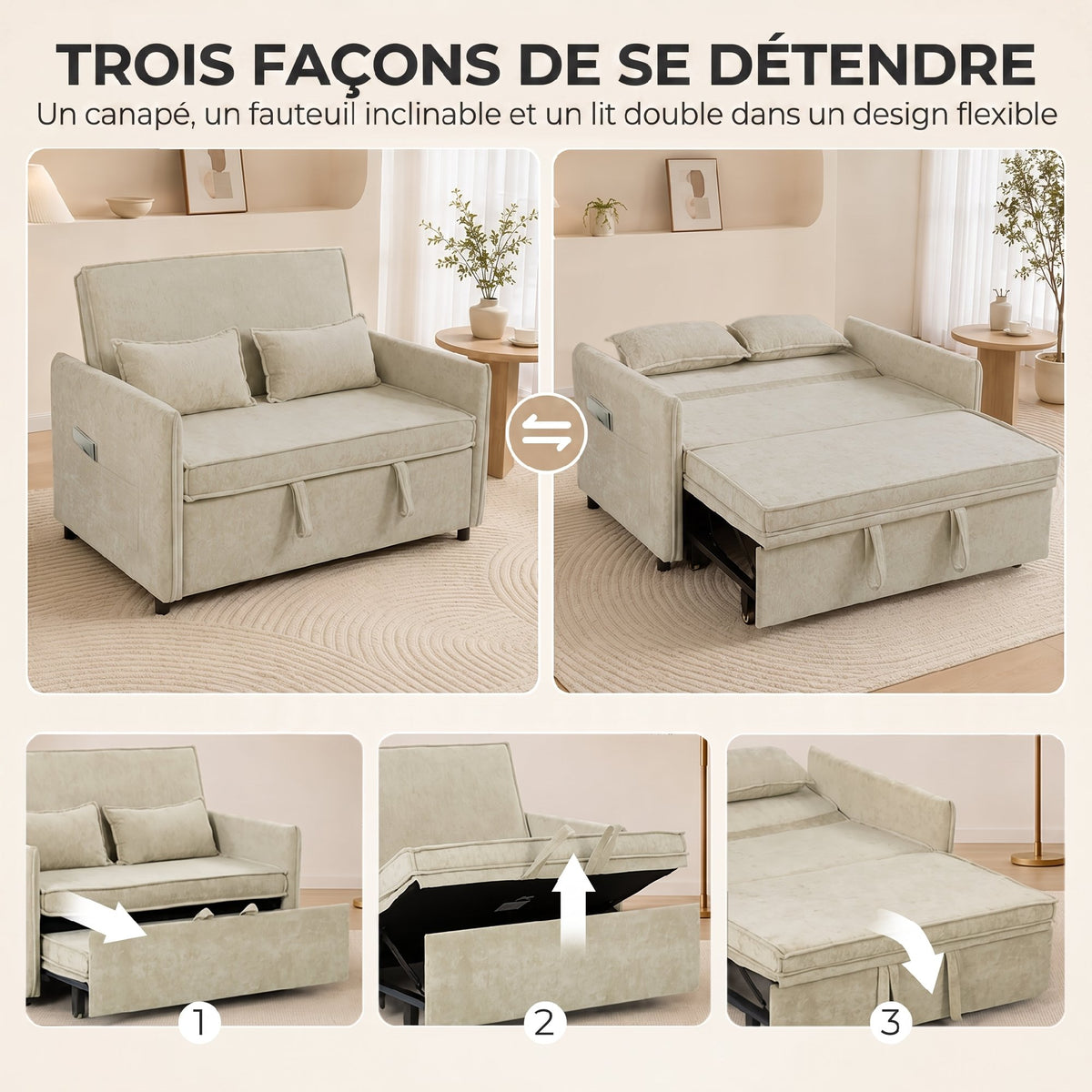 Canapé Convertible 2 Places, Canapé-Lit 3 en 1 Chenille 125 cm avec Dossier Réglable, Assise Large, 2 Oreillers, Crème-3