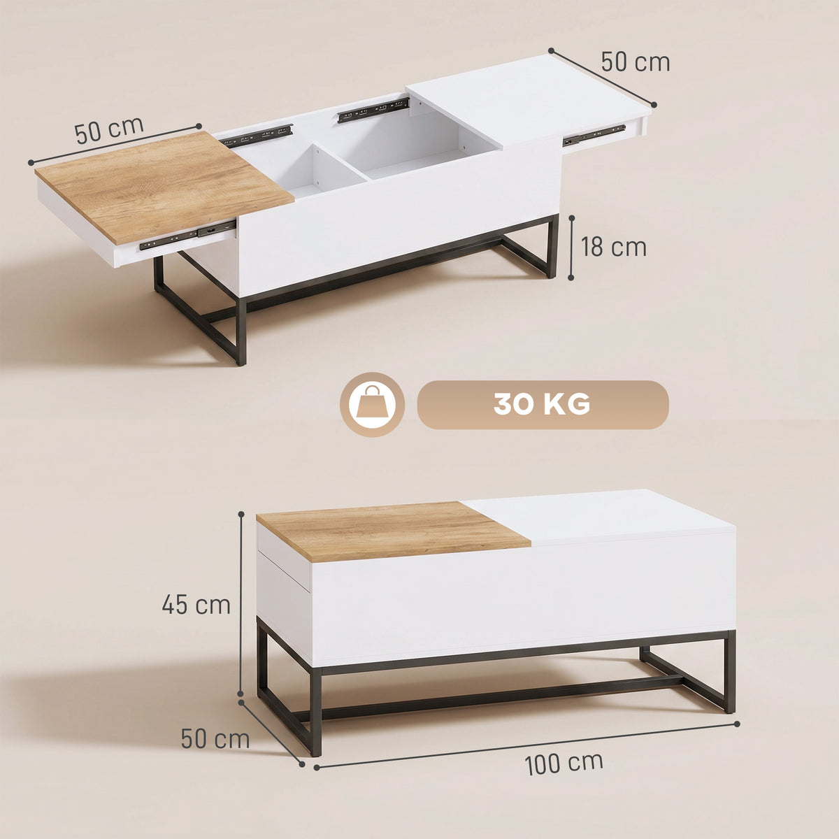 Table Basse Extensible avec Plateau Coulissant, Table de Salon avec Rangement Caché et Pieds en Acier, Blanc-2