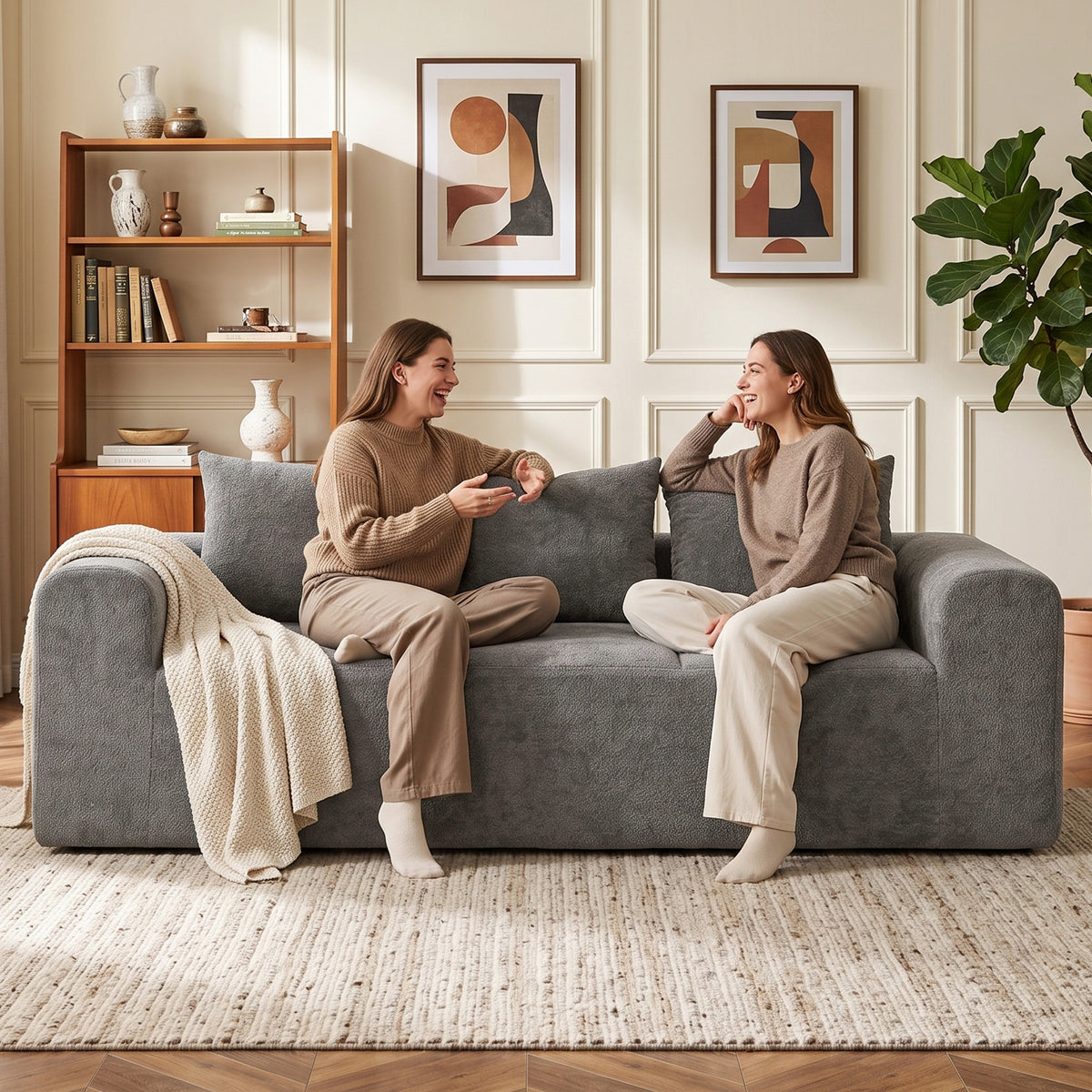 Canapé 3 Places en Chenille 220 cm, Canapé Salon Moderne avec Assise et Accoudoirs Larges, 3 Coussins, Gris-8