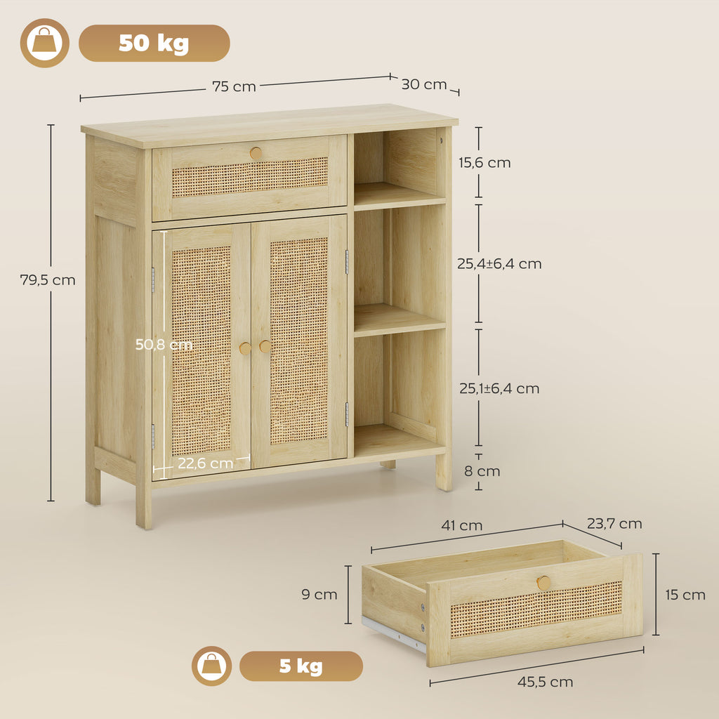 Buffet, meuble de rangement, 2 portes en rotin, tiroir, niches ouvertes, étagères réglables, 75x30x79,5cm, bois naturel-2