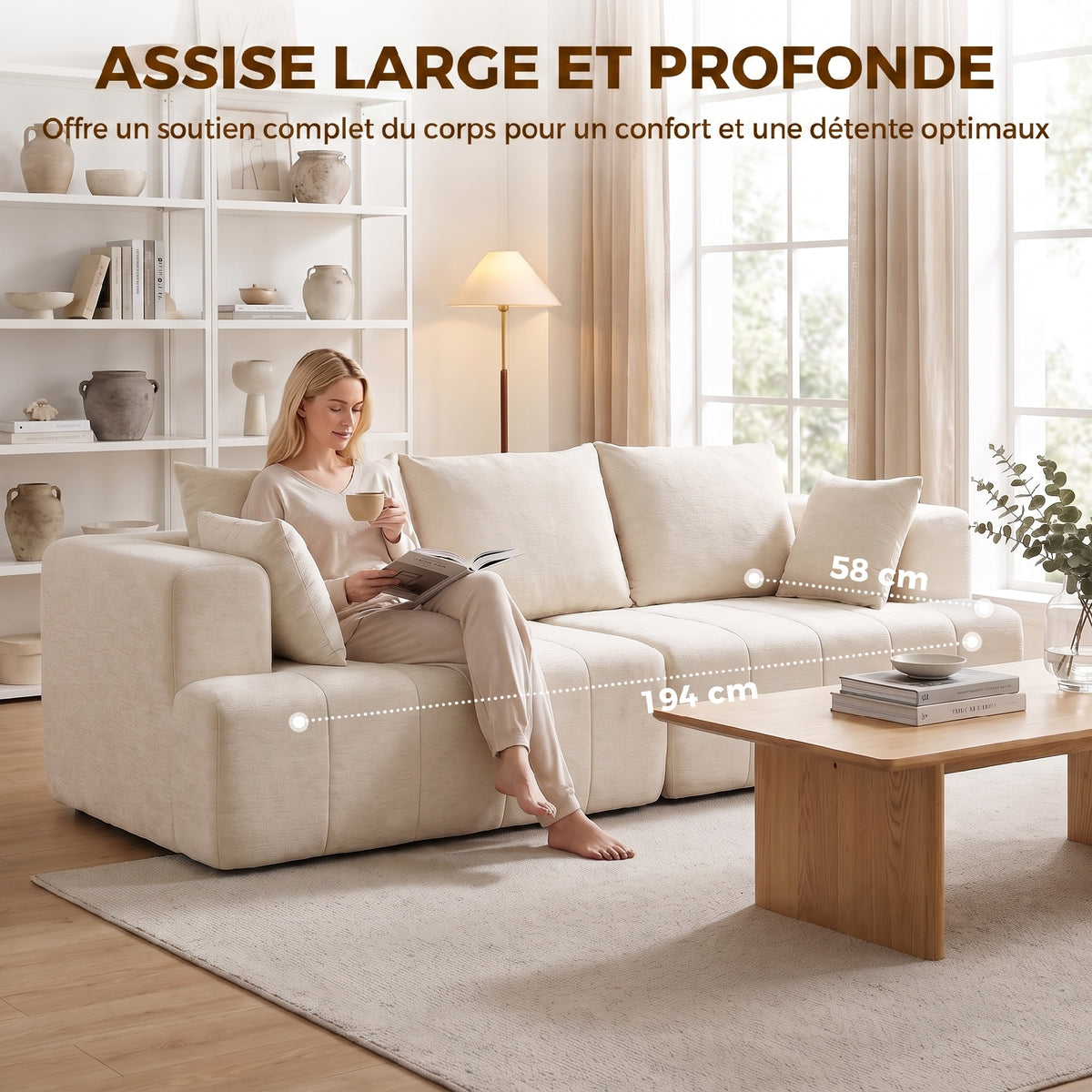 Canapé 3 places en chenille 248 cm, canapé salon moderne, large assise rembourrée, coussins à ressorts, beige-5