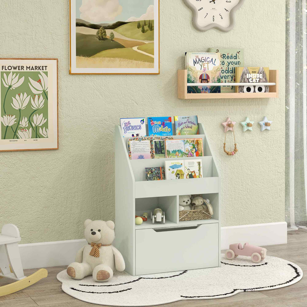 Bibliothèque étagère Multi-Rangement 3 étagères 2 niches Grand tiroir en bois Vert clair-1