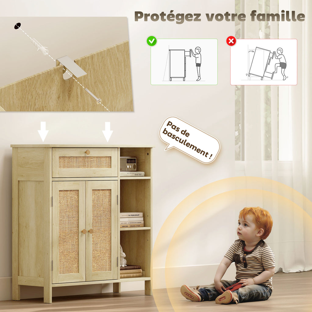 Buffet, meuble de rangement, 2 portes en rotin, tiroir, niches ouvertes, étagères réglables, 75x30x79,5cm, bois naturel-6