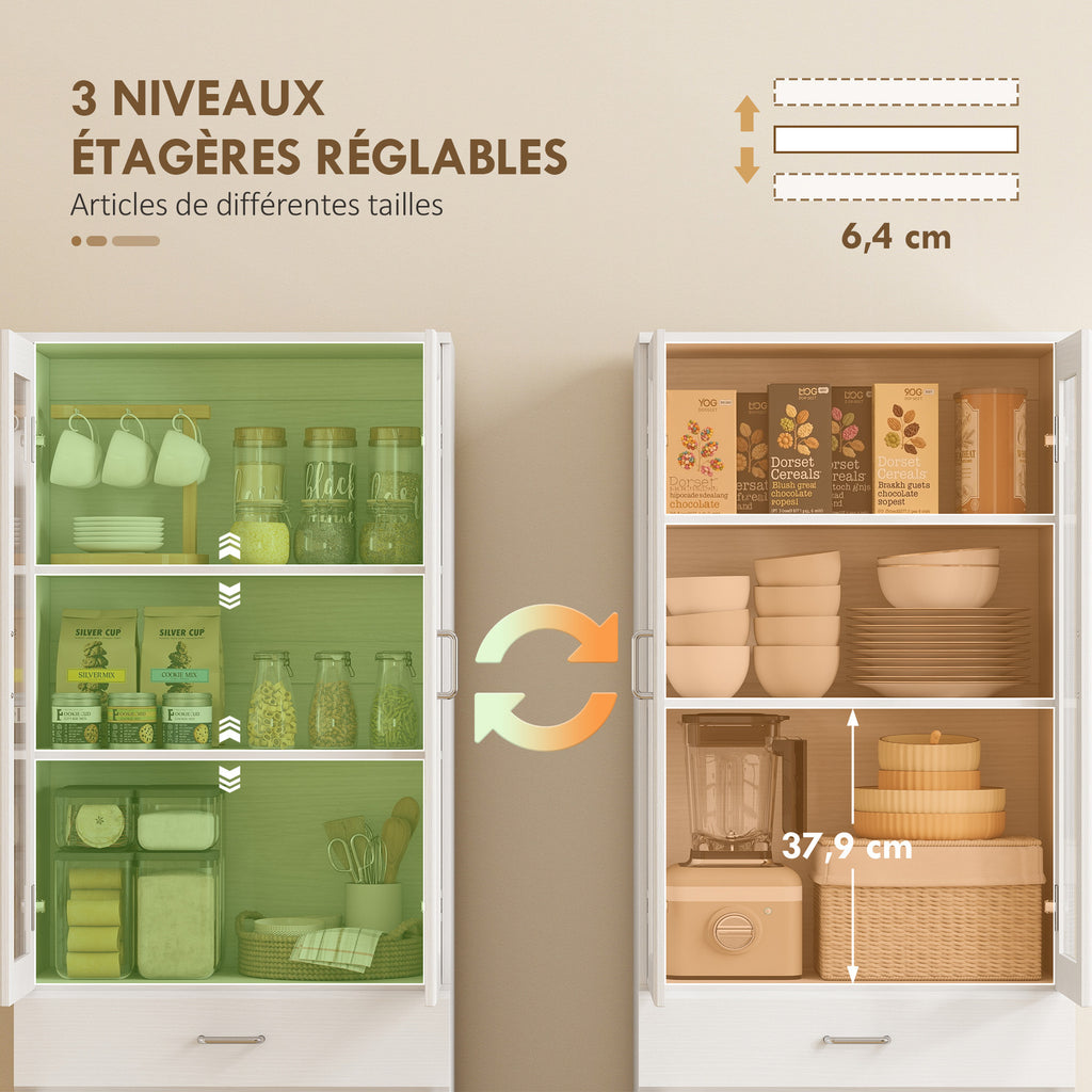 Buffet haut cuisine, armoire de cuisine, 4 portes dont 2 en verre, tiroirs, étagères réglables, 60x35x180cm, blanc-4