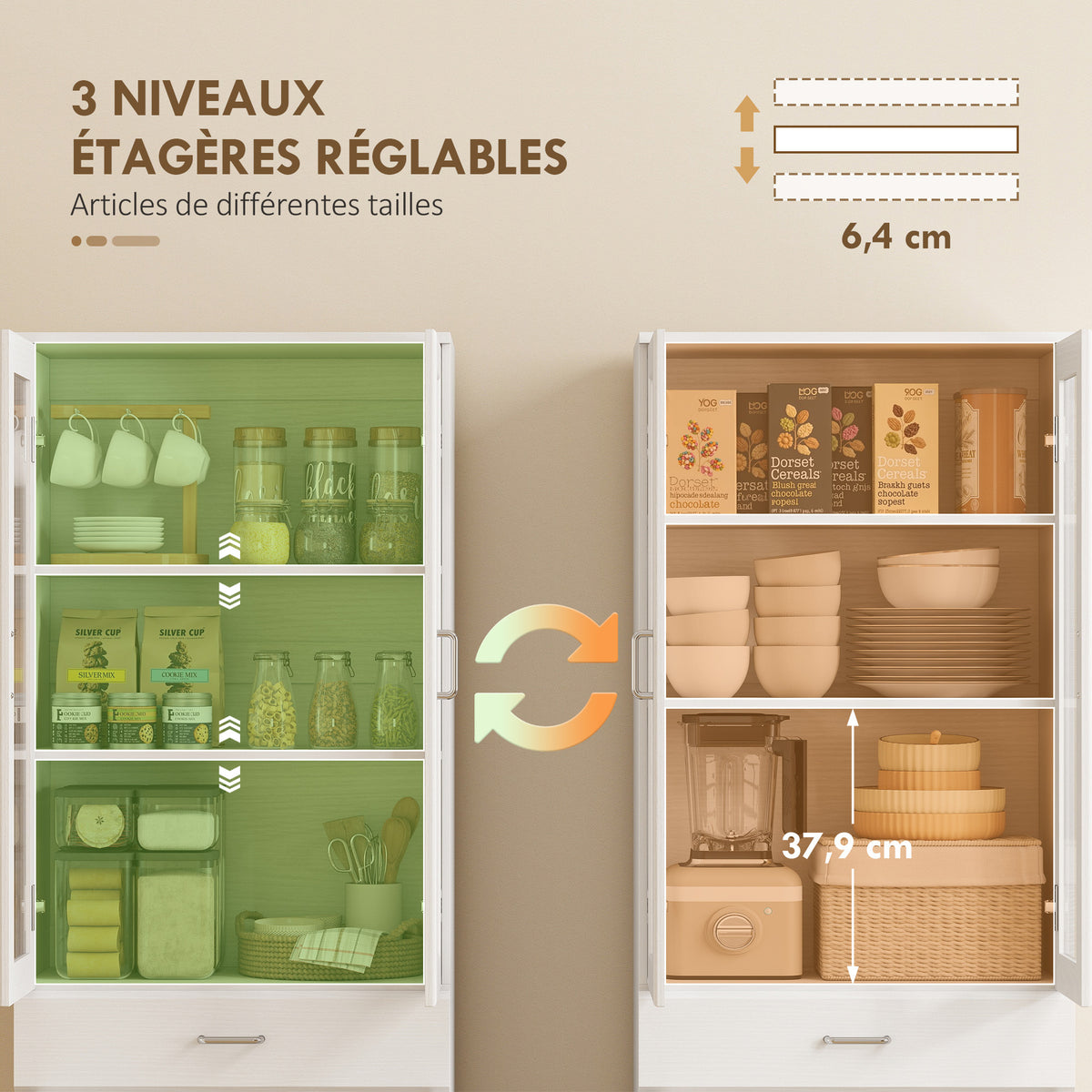 Buffet haut cuisine, armoire de cuisine, 4 portes dont 2 en verre, tiroirs, étagères réglables, 60x35x180cm, blanc-4