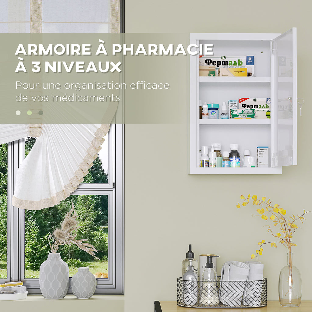 Armoire à pharmacie murale en acier, armoire à médicaments à 3 niveaux porte verrouillable 2 clés, 30x14x46cm, blanc-4