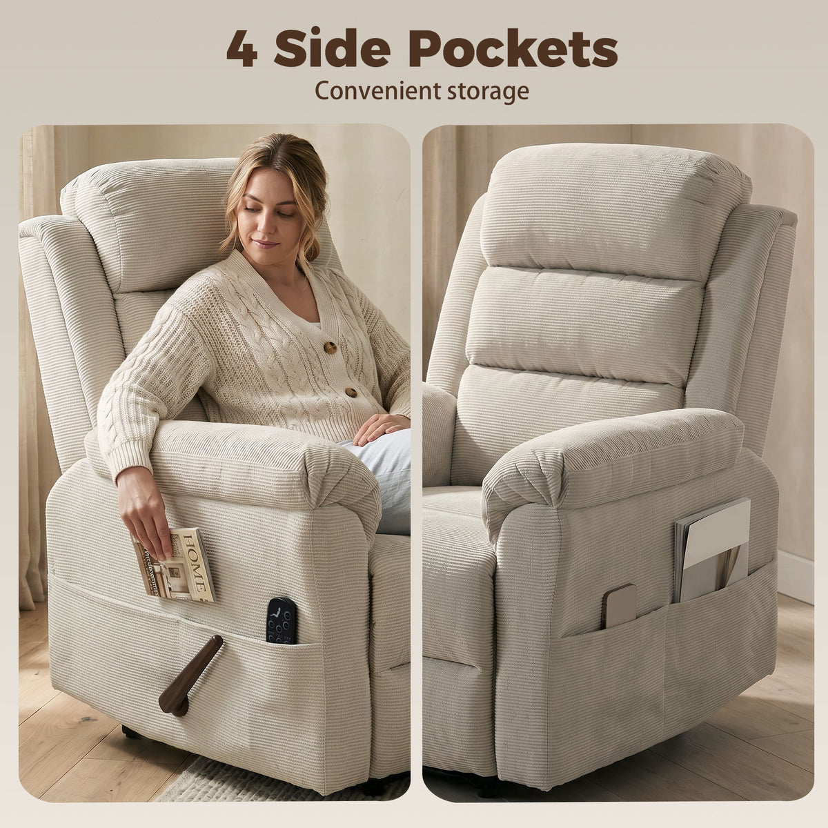 Fauteuil Inclinable de Massage et Chauffage, Fauteuil de Relaxation, Appuie-tête Réglable Poches Latérales, Crème-8