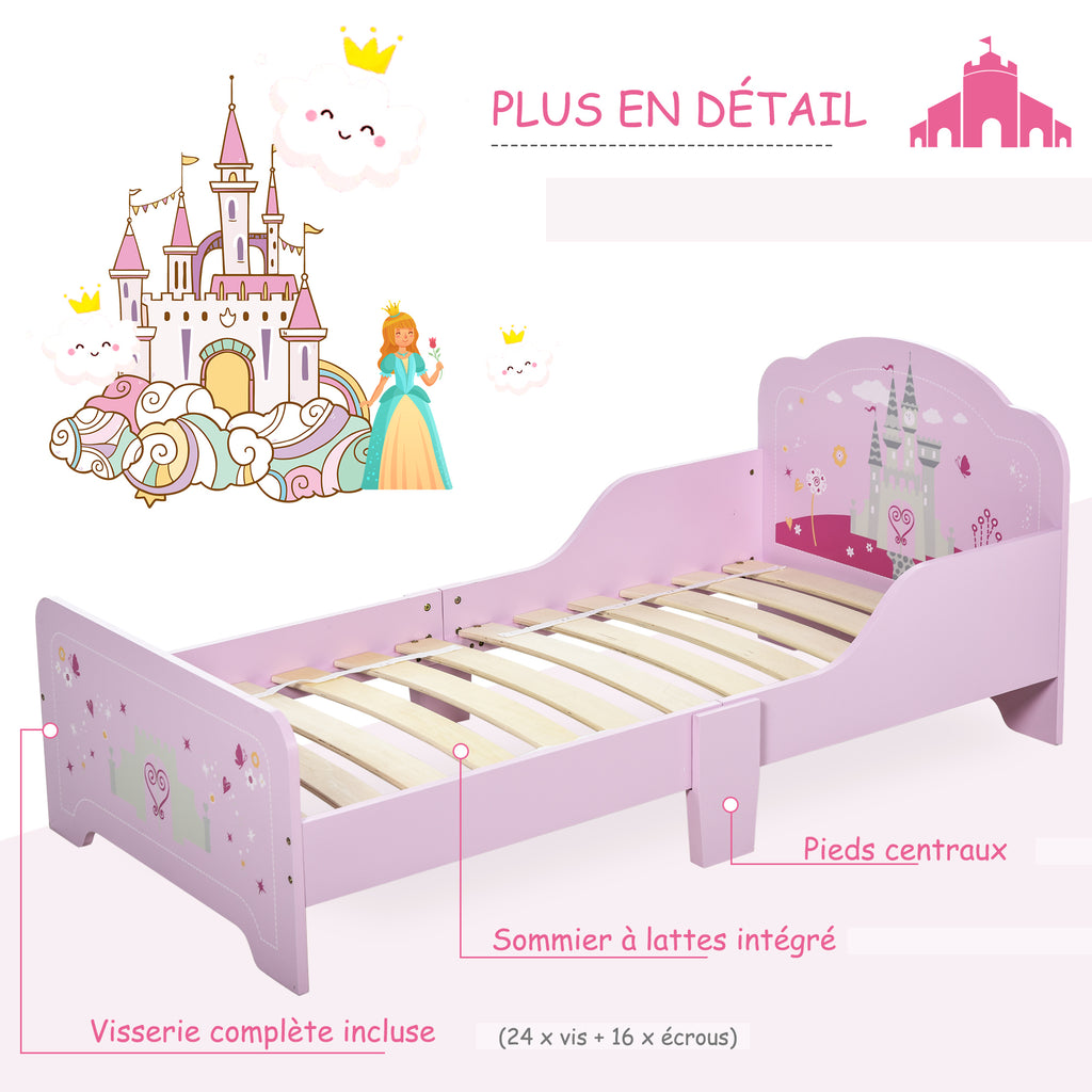 Lit Enfant 140 x 70 cm - lit d'enfant Design Princesse Motif château - sommier à Lattes Inclus - MDF Contre-plaqué Rose-5