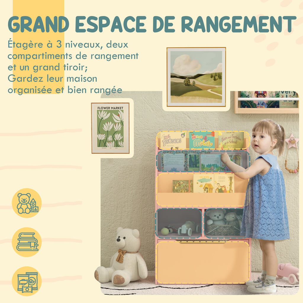 Bibliothèque étagère Multi-Rangement 3 étagères 2 niches Grand tiroir en bois Rose-3