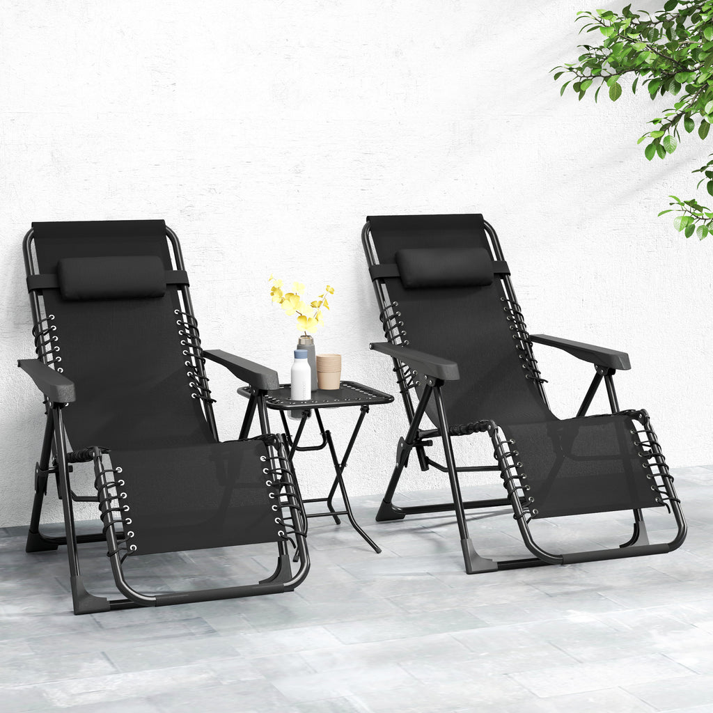 Lot de 2 chaise longue pliable et inclinable avec table d'appoint, porte-gobelets et appuie-têtes, charge 120 kg, noir-9